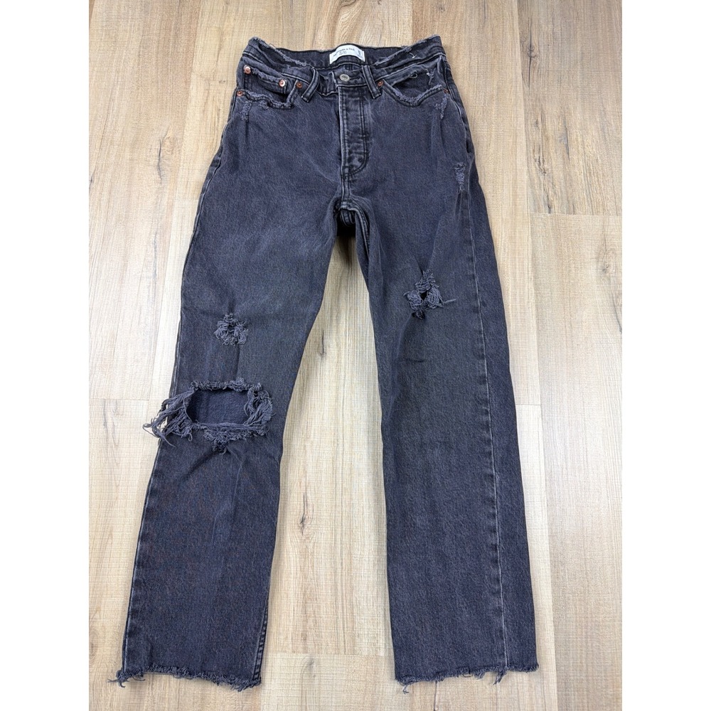 Abercrombie‎ & Fitch The Dad High Rise Distressed Straight Jeans Black 25 0R